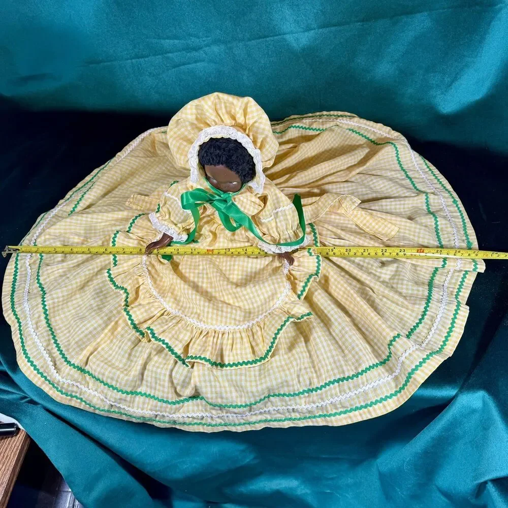 Vintage Handmade African American Doll Folk Art Decor Gingham Yellow Dress